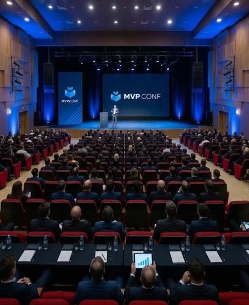 Palestrante em palco de conferência de tecnologia com plateia ao fundo