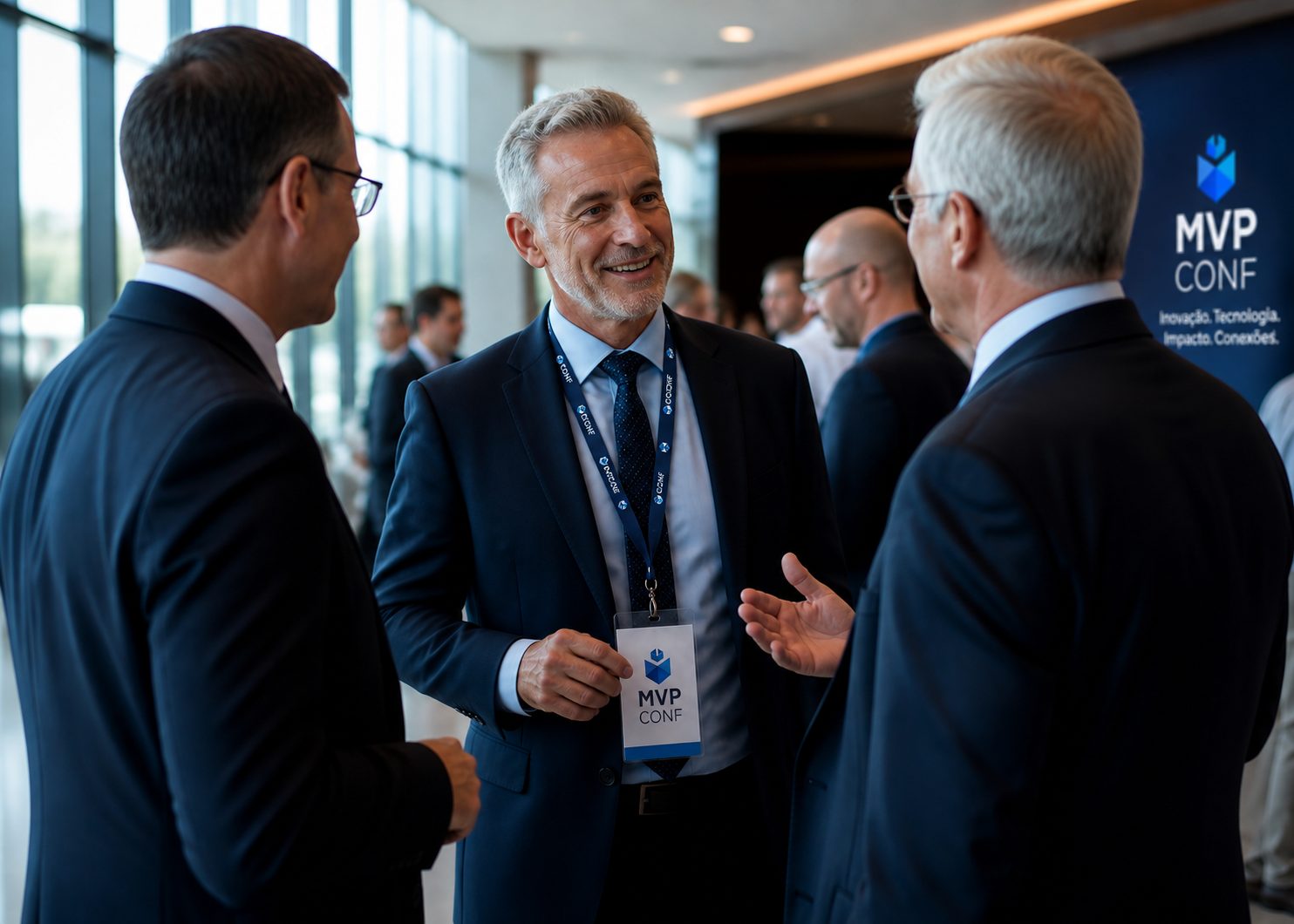 Executivos em conversa durante o networking do evento